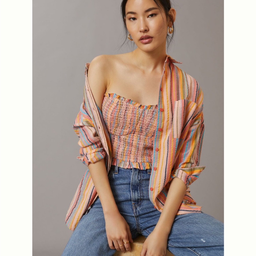✨ Anthropologie Rainbow Smocked Top Sz L - Picture 2 of 10